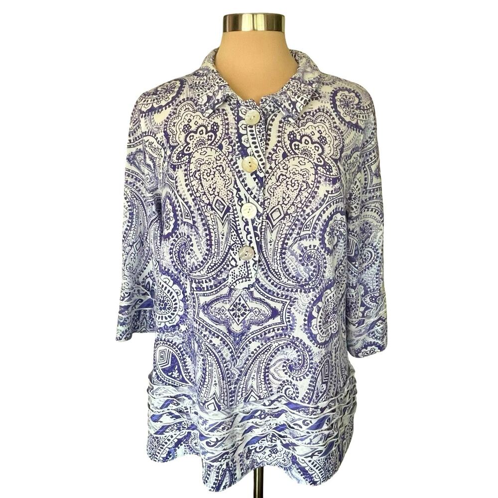 John Mark‎ Blue White Paisley Linen Blend Popover Top Sz L Ruffles Wire Collar
